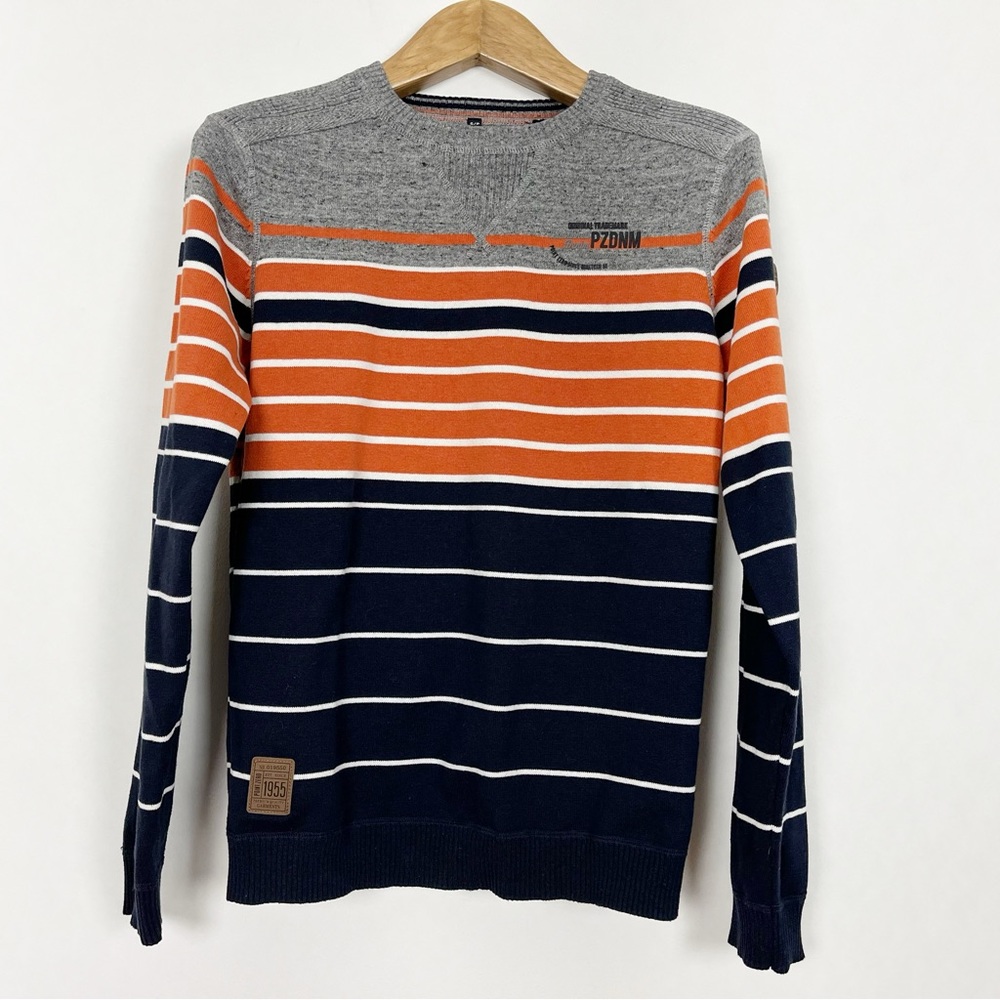 Point Zero Men’s Navy and Orange‎ Cotton Striped Crewneck Sweater Size Small